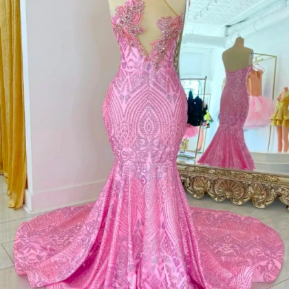 Sparkly Pink Prom Dresses 2023 Sequin Halter Neck..