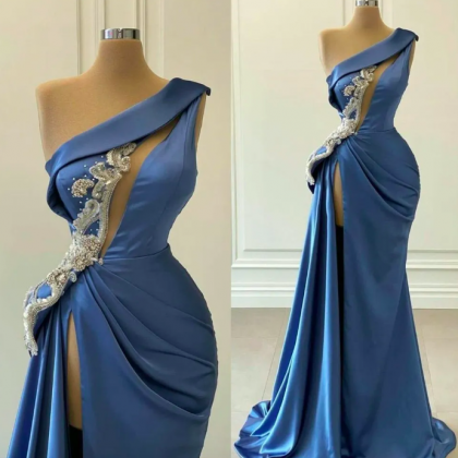 Elegant Satin Blue Evening Dresses Mermaid 2022..