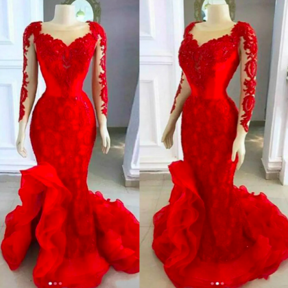 Elegant Red Mermaid Evening Dresses Sheer Neckline..