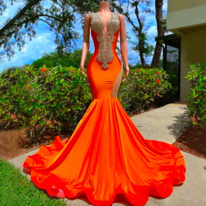 Orange Mermaid Beaded Prom Dresses Sequined Deep V..