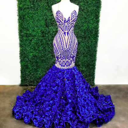 Blue Beaded Mermaid Prom Dresses V Neck..
