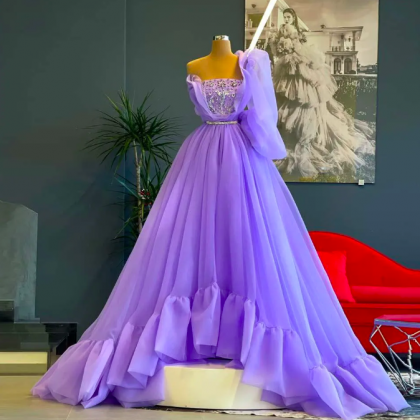 Elegant Purple Prom Dresses Long One Shoulder..