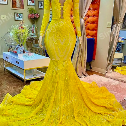 Luxury Mermaid Prom Dresses Yellow Long Sleeves..