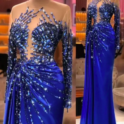 Luxurious Royal Blue Beaded Mermaid Prom Dresses..