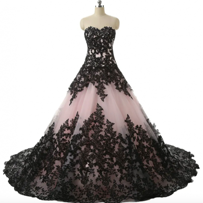 Blushing Pink Black Gothic Ball Gown Wedding..