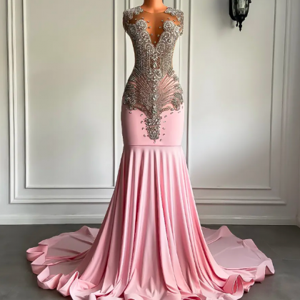 Long Pink Prom Dresses 2023 Sheer Mesh Top Luxury..
