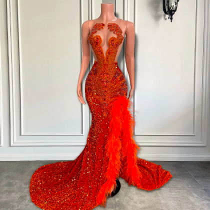 Luxury Long Orange Prom Dresses 2023 Sexy Side..