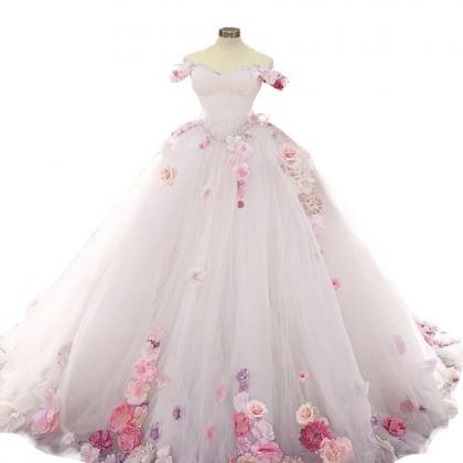 2023 Off Shoulder Flowers Prom Ball Gown Beaded..