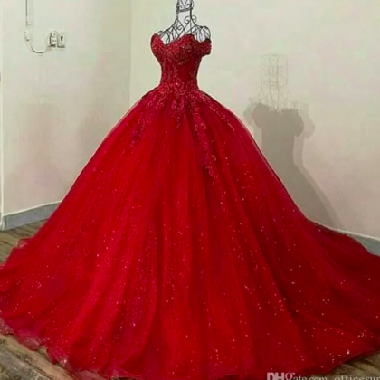 Sparkly Red 3d Lace Appliqued Ball Gown..