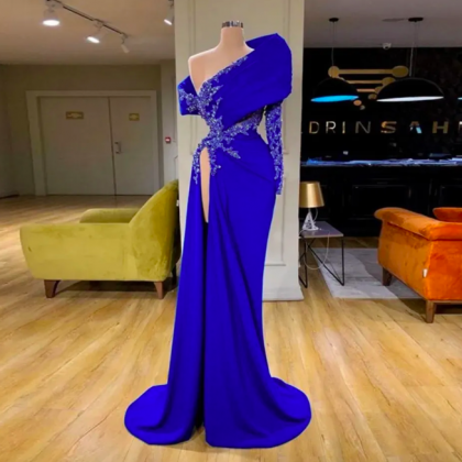 Royal Blue Evening Gowns Sexy High Slit Off The..