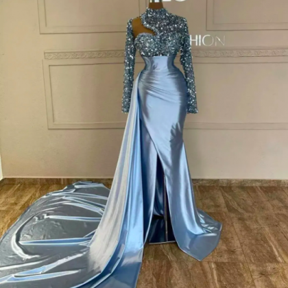 Shiny Sky Blue Sequined Mermaid Prom Party Dresses..
