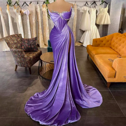 Lavender Elegant Velvet Prom Dresses, Dubai Arabic..