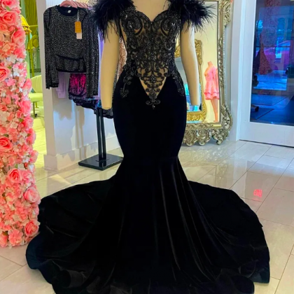 Vintage Black Velvet T Long Prom Dresses For Black..