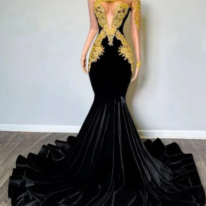 Black Velvet Mermaid Prom Birthday Dresses With..