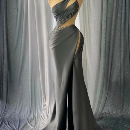 Sexy Gray Satin Mermaid Prom Dresses 2023 Hlater..