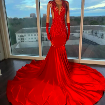 Sexy Long Red Mermaid Prom Dresses 2023 With Two..