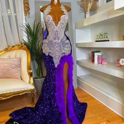 Purple Prom Dresses Sparkly Crystal Beading Side..