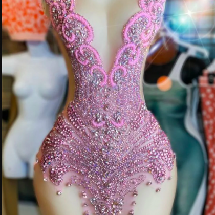 Sparkly Pink Crystals Halter Short Prom Dress..