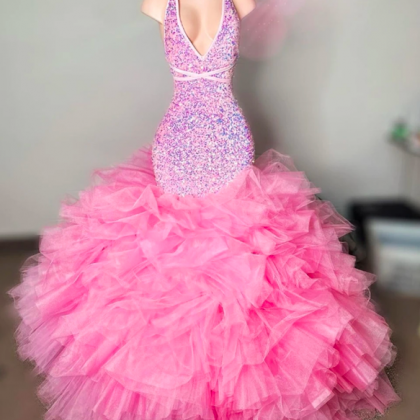 Pink Tulle Ruched Train Halter Mermaid Long Prom..