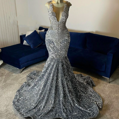 Beauty Grey Sequin Silver Crystal Beading Prom..
