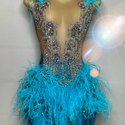 Shinny Blue Feathers Prom Dresses Black Girl..