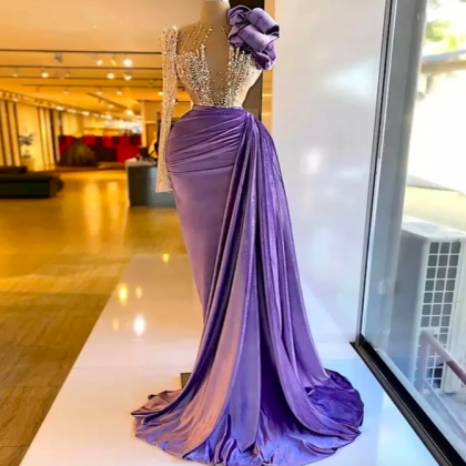 Purple Velour Evening Dresses Beaded Illusion..