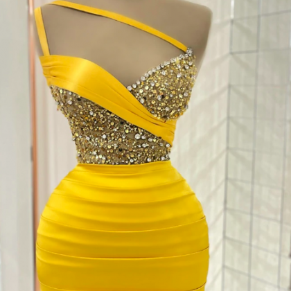 Yellow Cocktail Party Gowns One Shoulder Beadings..
