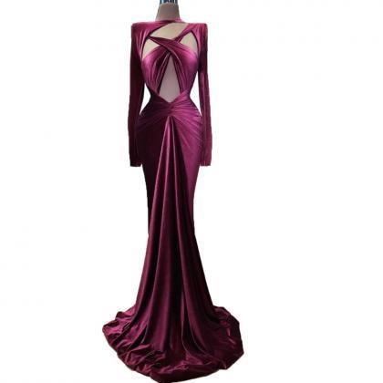 Velvet Prom Dresses Mermaid Long Sleeve Burgundy..