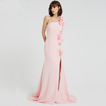 One Shoulder Pink Prom Dresses Hand Made Flowers..