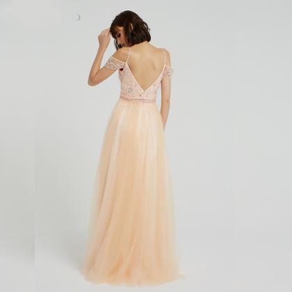 Peach Crystal Prom Dresses Beaded Sequins Evening..