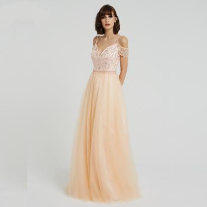 Peach Crystal Prom Dresses Beaded Sequins Evening..
