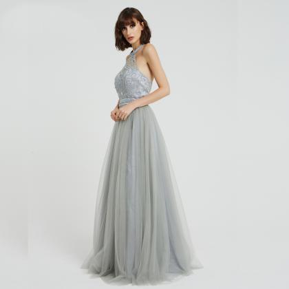 Gray Halter Neckline Prom Dresses Beading Crystal..