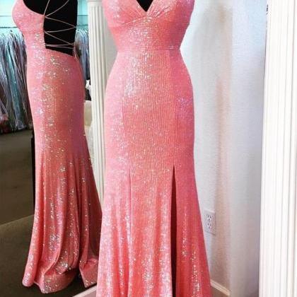 Pink Prom Dresses 2024 Sequins Sparkly Mermaid..