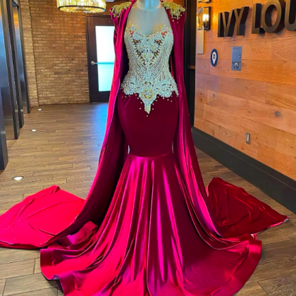 Luxury Red Prom Dress Mermaid With Cape 2024..
