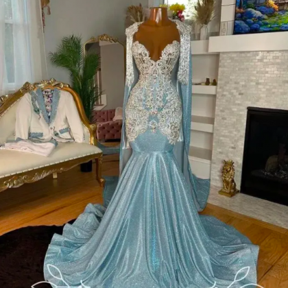 Icy Blue Long Evening Pageant Dresses With Cape..