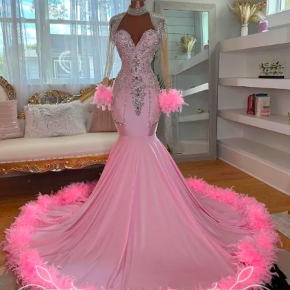 2024 Pink Illsuion Long Sleeve Prom Dress For..