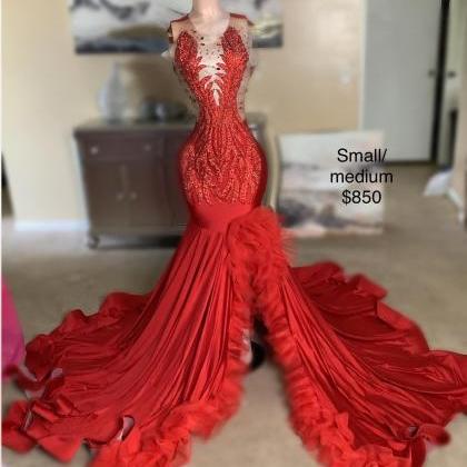 Red Mermaid Side Slit Crystal Prom Dresses Long..