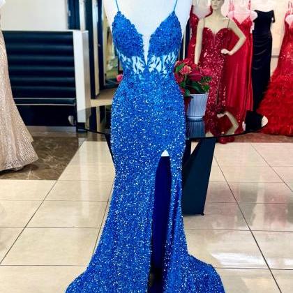 Royal Blue Spaghetti Straps Prom Dresses Illusion..