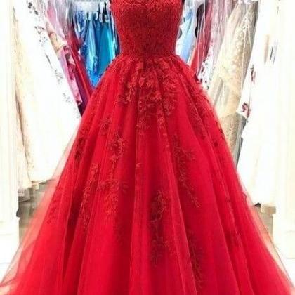 Red Spaghetti Straps Lace Appliques Prom Dresses..