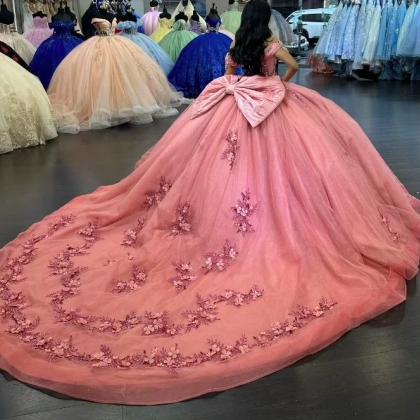 Pink Quinceanera Dress Ball Gown Hand Made Flowers..