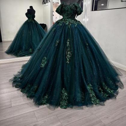 Green Ball Gown Quinceanera Dresses For Sweet 16 18 Sparkly Sequin Tulle Lace Appliques Flowers Prom Dresses Off The Shoulder Party Dresses Tulle