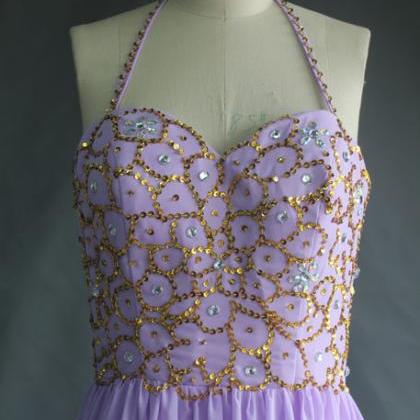 Lavender Prom Dress, Halter Prom Dress, Beaded..