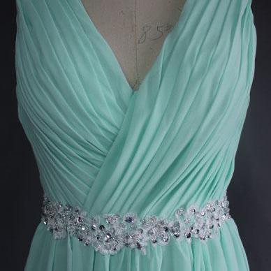 Mint Green Prom Dress, V Neck Prom Dress, Long..