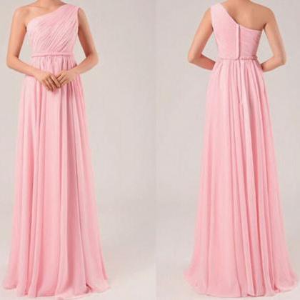 One Shoulder Long Chiffon Pink Elegant Bridesmaid..