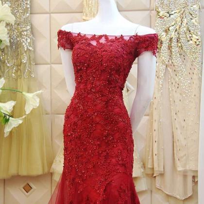 Red Evening Dress, Lace Evening Dress, Beaded..