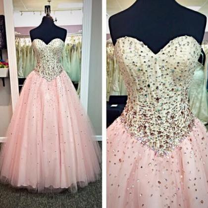 Pink Prom Dresses, Crystals Prom Dress, Tulle Prom..
