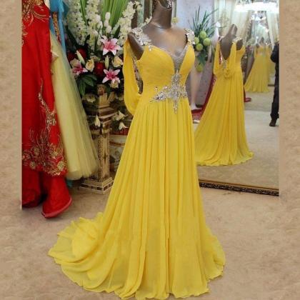 Yellow Prom Dress, Elegant Prom Dress, Chiffon..