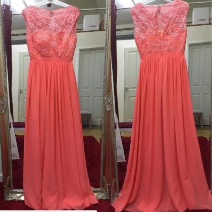Coral Prom Dress, Long Prom Dress, Lace Prom..