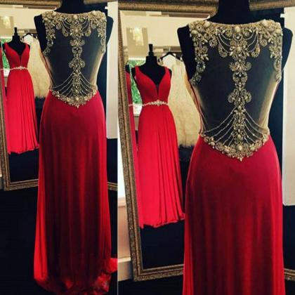 Red Prom Dresses, Crystal Prom Dresses, Sheer Crew..