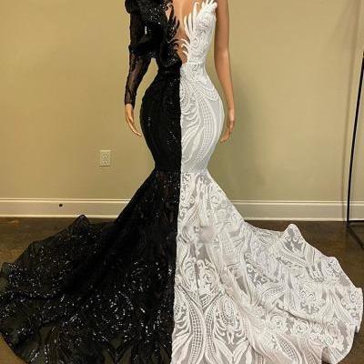 black and white prom dress, lace prom dresses, mermaid prom dress, long sleeve prom dress, vintage prom dresses, sparkly prom dresses, prom dress 2021, custom make prom dresses, long evening gowns, fashion party dresses